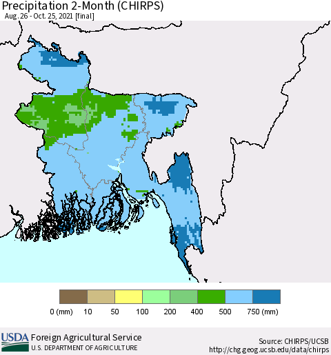 Bangladesh Precipitation 2-Month (CHIRPS) Thematic Map For 8/26/2021 - 10/25/2021