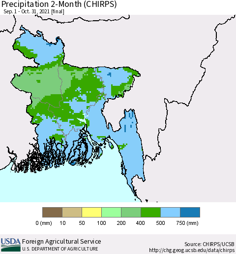 Bangladesh Precipitation 2-Month (CHIRPS) Thematic Map For 9/1/2021 - 10/31/2021