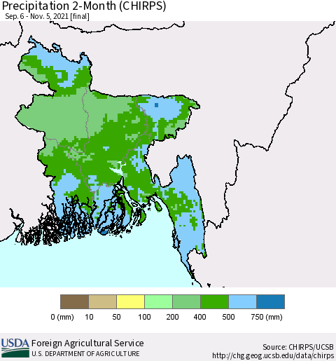 Bangladesh Precipitation 2-Month (CHIRPS) Thematic Map For 9/6/2021 - 11/5/2021