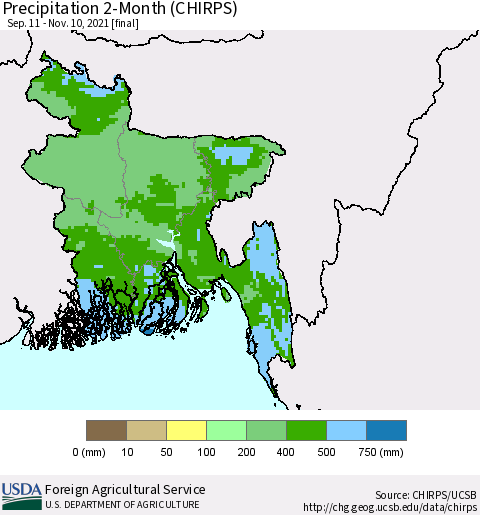 Bangladesh Precipitation 2-Month (CHIRPS) Thematic Map For 9/11/2021 - 11/10/2021