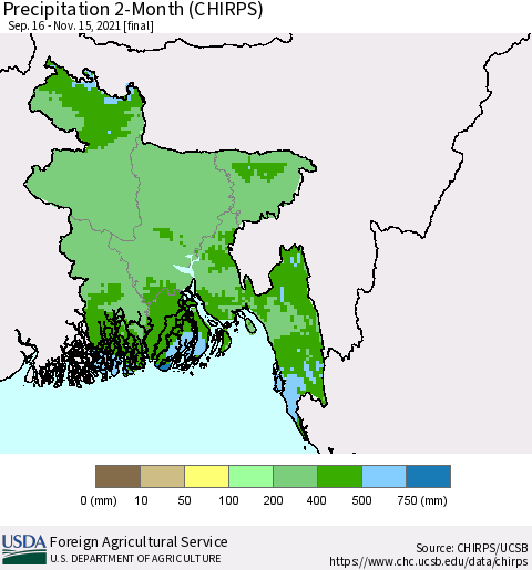 Bangladesh Precipitation 2-Month (CHIRPS) Thematic Map For 9/16/2021 - 11/15/2021