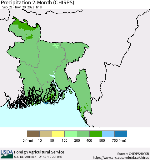 Bangladesh Precipitation 2-Month (CHIRPS) Thematic Map For 9/21/2021 - 11/20/2021
