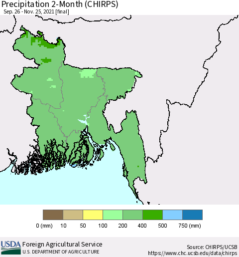 Bangladesh Precipitation 2-Month (CHIRPS) Thematic Map For 9/26/2021 - 11/25/2021