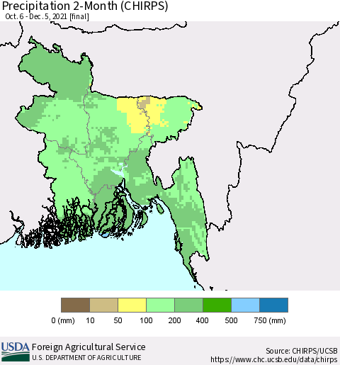 Bangladesh Precipitation 2-Month (CHIRPS) Thematic Map For 10/6/2021 - 12/5/2021