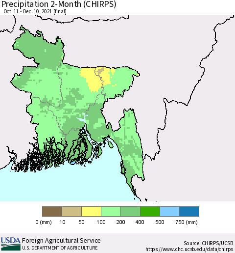Bangladesh Precipitation 2-Month (CHIRPS) Thematic Map For 10/11/2021 - 12/10/2021