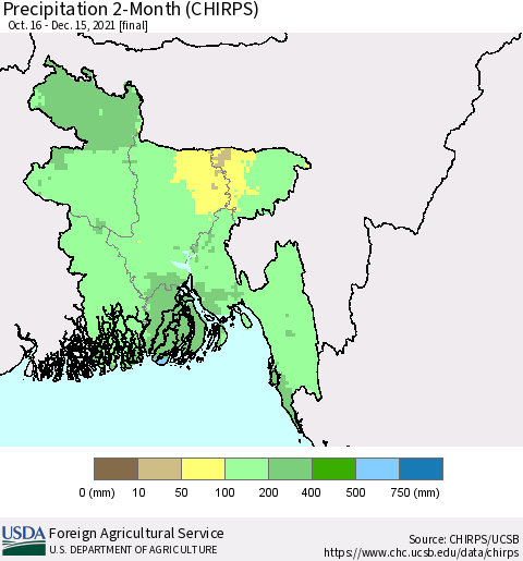 Bangladesh Precipitation 2-Month (CHIRPS) Thematic Map For 10/16/2021 - 12/15/2021
