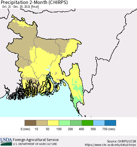 Bangladesh Precipitation 2-Month (CHIRPS) Thematic Map For 10/21/2021 - 12/20/2021