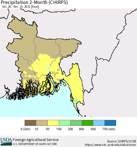 Bangladesh Precipitation 2-Month (CHIRPS) Thematic Map For 10/26/2021 - 12/25/2021
