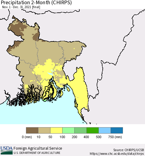 Bangladesh Precipitation 2-Month (CHIRPS) Thematic Map For 11/1/2021 - 12/31/2021