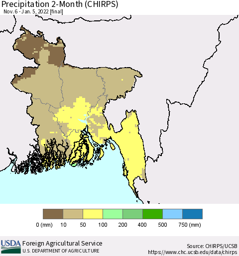 Bangladesh Precipitation 2-Month (CHIRPS) Thematic Map For 11/6/2021 - 1/5/2022