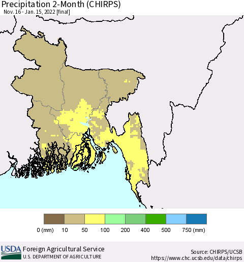 Bangladesh Precipitation 2-Month (CHIRPS) Thematic Map For 11/16/2021 - 1/15/2022