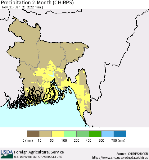 Bangladesh Precipitation 2-Month (CHIRPS) Thematic Map For 11/21/2021 - 1/20/2022