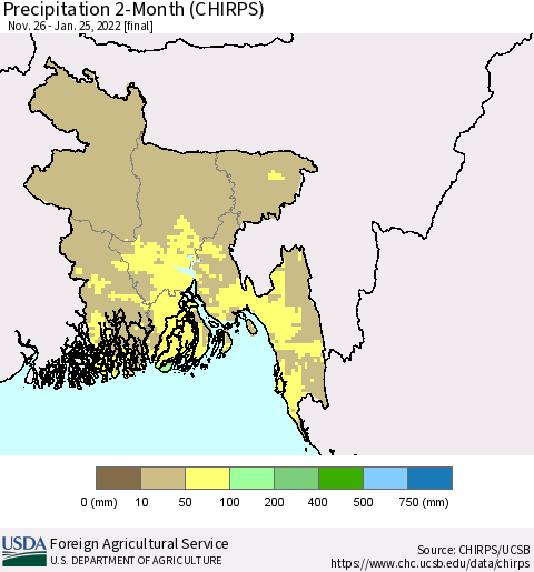 Bangladesh Precipitation 2-Month (CHIRPS) Thematic Map For 11/26/2021 - 1/25/2022