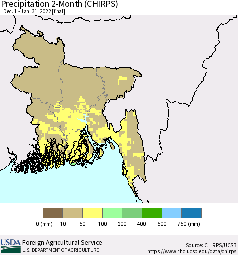 Bangladesh Precipitation 2-Month (CHIRPS) Thematic Map For 12/1/2021 - 1/31/2022