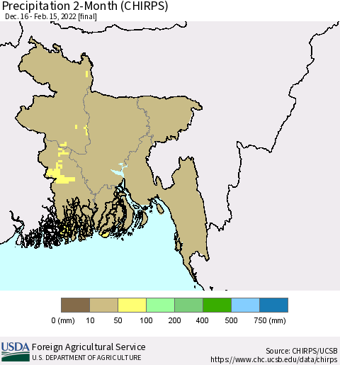 Bangladesh Precipitation 2-Month (CHIRPS) Thematic Map For 12/16/2021 - 2/15/2022