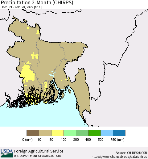 Bangladesh Precipitation 2-Month (CHIRPS) Thematic Map For 12/21/2021 - 2/20/2022