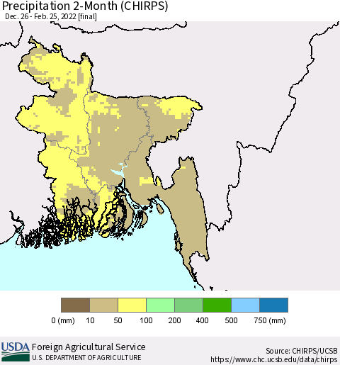 Bangladesh Precipitation 2-Month (CHIRPS) Thematic Map For 12/26/2021 - 2/25/2022