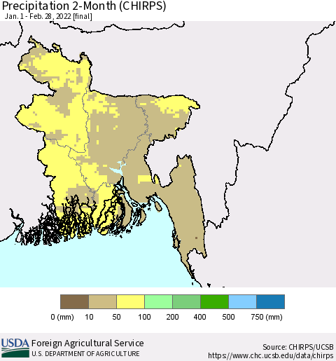 Bangladesh Precipitation 2-Month (CHIRPS) Thematic Map For 1/1/2022 - 2/28/2022