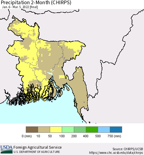 Bangladesh Precipitation 2-Month (CHIRPS) Thematic Map For 1/6/2022 - 3/5/2022