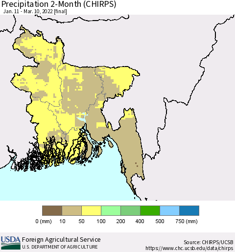 Bangladesh Precipitation 2-Month (CHIRPS) Thematic Map For 1/11/2022 - 3/10/2022