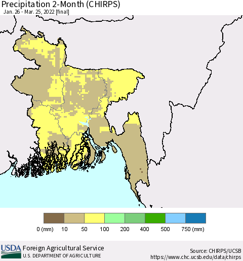 Bangladesh Precipitation 2-Month (CHIRPS) Thematic Map For 1/26/2022 - 3/25/2022