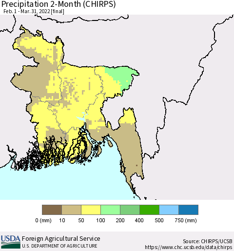 Bangladesh Precipitation 2-Month (CHIRPS) Thematic Map For 2/1/2022 - 3/31/2022