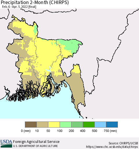Bangladesh Precipitation 2-Month (CHIRPS) Thematic Map For 2/6/2022 - 4/5/2022