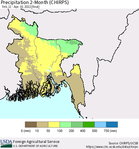 Bangladesh Precipitation 2-Month (CHIRPS) Thematic Map For 2/11/2022 - 4/10/2022