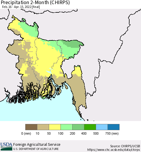 Bangladesh Precipitation 2-Month (CHIRPS) Thematic Map For 2/16/2022 - 4/15/2022