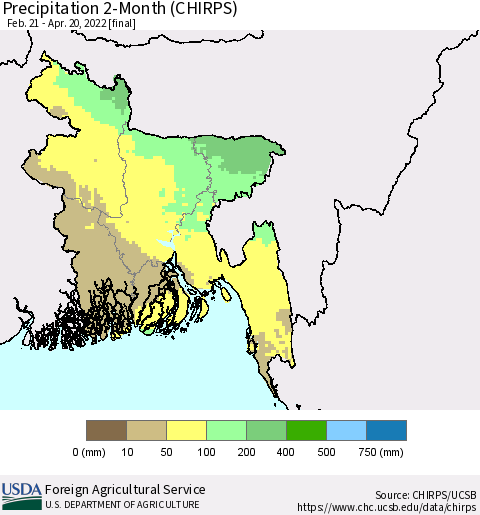Bangladesh Precipitation 2-Month (CHIRPS) Thematic Map For 2/21/2022 - 4/20/2022