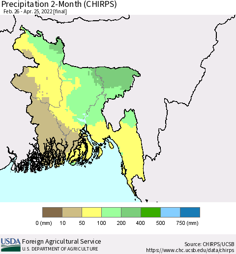 Bangladesh Precipitation 2-Month (CHIRPS) Thematic Map For 2/26/2022 - 4/25/2022