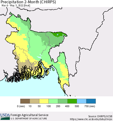Bangladesh Precipitation 2-Month (CHIRPS) Thematic Map For 3/6/2022 - 5/5/2022