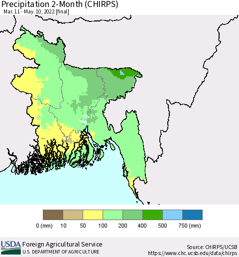 Bangladesh Precipitation 2-Month (CHIRPS) Thematic Map For 3/11/2022 - 5/10/2022
