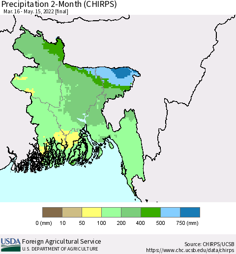 Bangladesh Precipitation 2-Month (CHIRPS) Thematic Map For 3/16/2022 - 5/15/2022