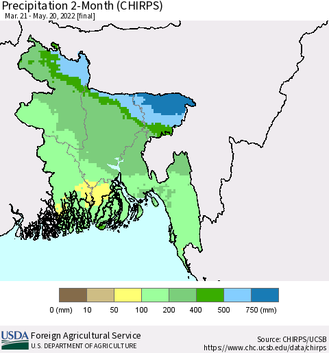 Bangladesh Precipitation 2-Month (CHIRPS) Thematic Map For 3/21/2022 - 5/20/2022