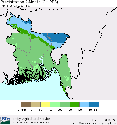 Bangladesh Precipitation 2-Month (CHIRPS) Thematic Map For 4/6/2022 - 6/5/2022