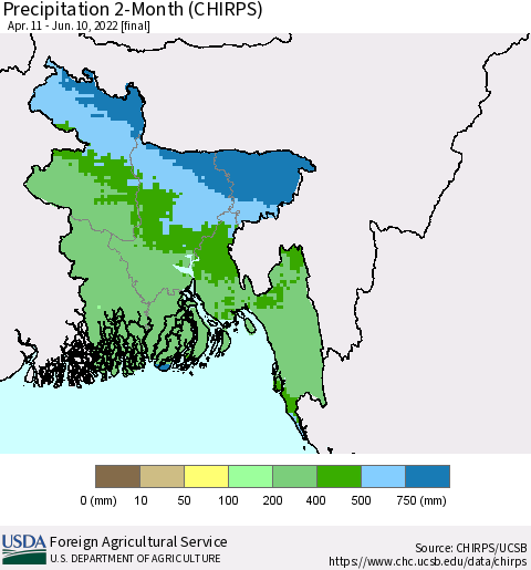 Bangladesh Precipitation 2-Month (CHIRPS) Thematic Map For 4/11/2022 - 6/10/2022