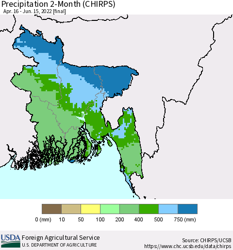 Bangladesh Precipitation 2-Month (CHIRPS) Thematic Map For 4/16/2022 - 6/15/2022