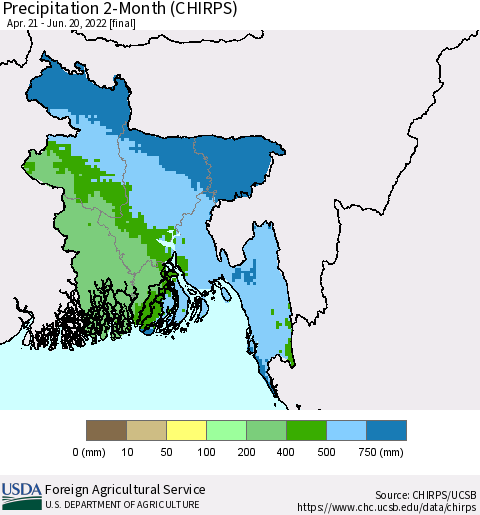 Bangladesh Precipitation 2-Month (CHIRPS) Thematic Map For 4/21/2022 - 6/20/2022