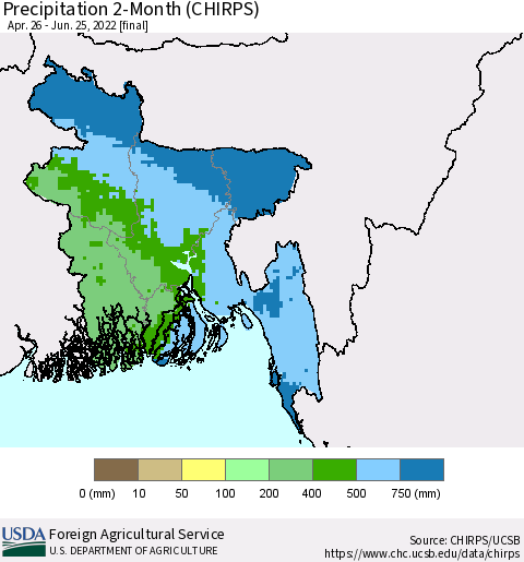 Bangladesh Precipitation 2-Month (CHIRPS) Thematic Map For 4/26/2022 - 6/25/2022