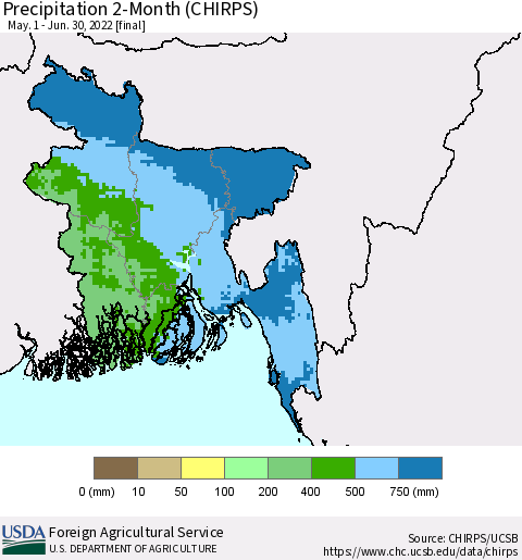 Bangladesh Precipitation 2-Month (CHIRPS) Thematic Map For 5/1/2022 - 6/30/2022