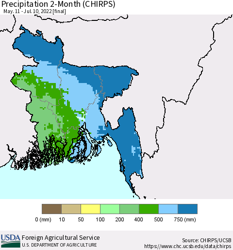 Bangladesh Precipitation 2-Month (CHIRPS) Thematic Map For 5/11/2022 - 7/10/2022