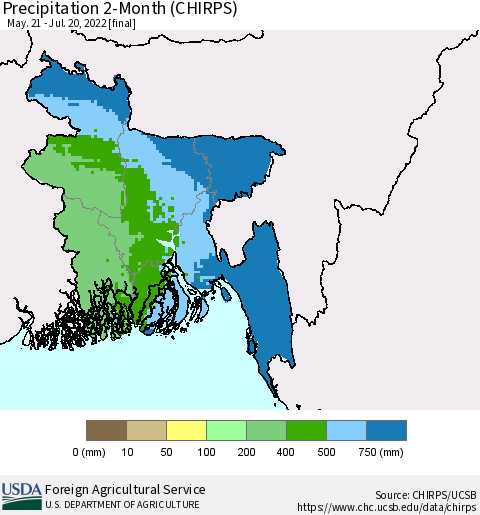 Bangladesh Precipitation 2-Month (CHIRPS) Thematic Map For 5/21/2022 - 7/20/2022
