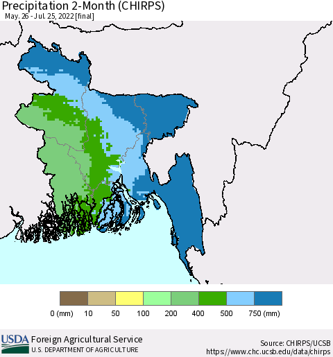 Bangladesh Precipitation 2-Month (CHIRPS) Thematic Map For 5/26/2022 - 7/25/2022