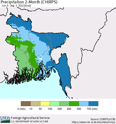Bangladesh Precipitation 2-Month (CHIRPS) Thematic Map For 6/6/2022 - 8/5/2022