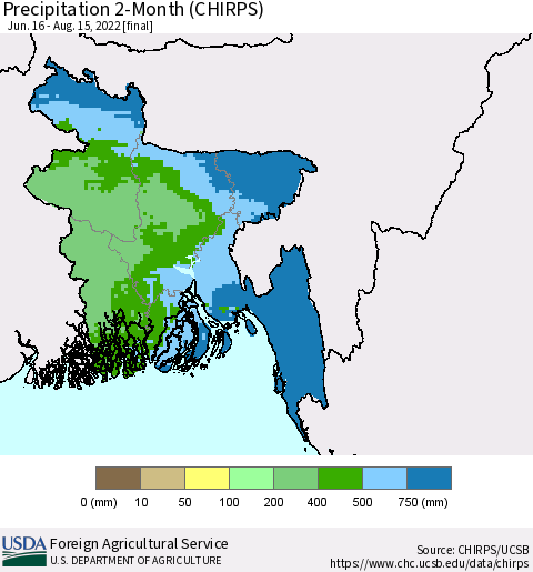 Bangladesh Precipitation 2-Month (CHIRPS) Thematic Map For 6/16/2022 - 8/15/2022
