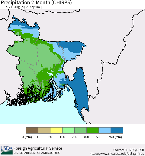 Bangladesh Precipitation 2-Month (CHIRPS) Thematic Map For 6/21/2022 - 8/20/2022