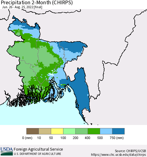Bangladesh Precipitation 2-Month (CHIRPS) Thematic Map For 6/26/2022 - 8/25/2022