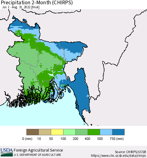 Bangladesh Precipitation 2-Month (CHIRPS) Thematic Map For 7/1/2022 - 8/31/2022