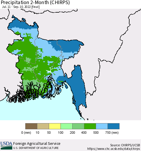 Bangladesh Precipitation 2-Month (CHIRPS) Thematic Map For 7/11/2022 - 9/10/2022